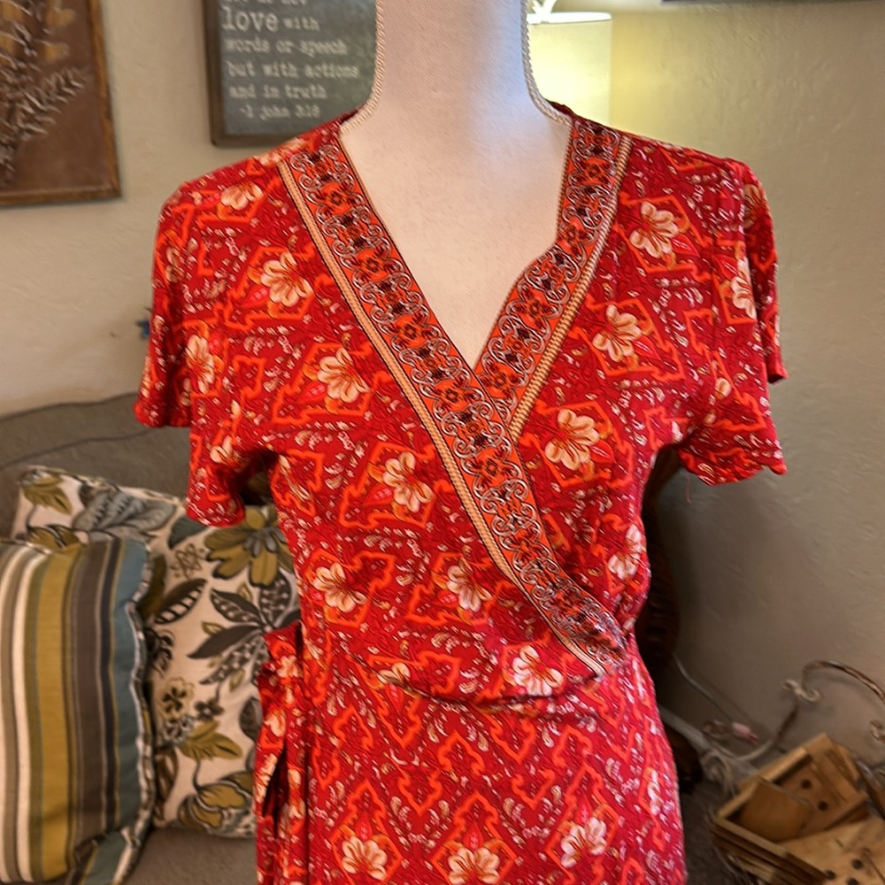 NEW Sexy Boho Style Wrap Floral Print Summer Long Red gold V-Neck Maxi Dress M - Picture 9 of 17